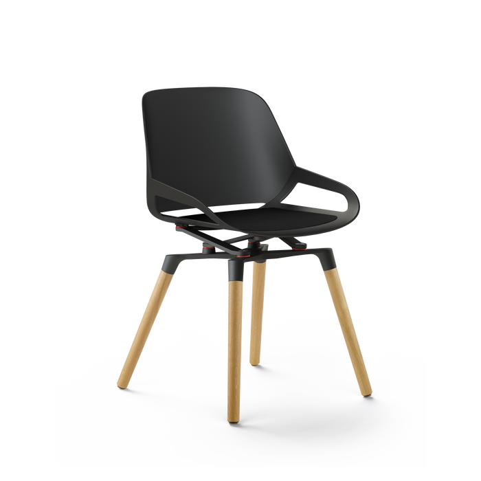 Aeris Numo mit Kinematik, schwarzer Sitzschale und Holzbeinen in Eiche